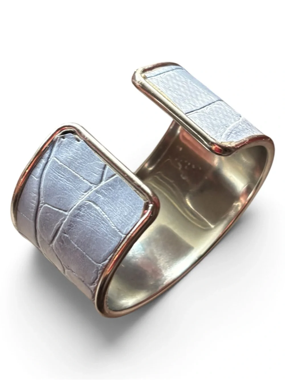PRADA Upcycled Blue Croc-Embossed Upcycled Silver Cuff Bracelet